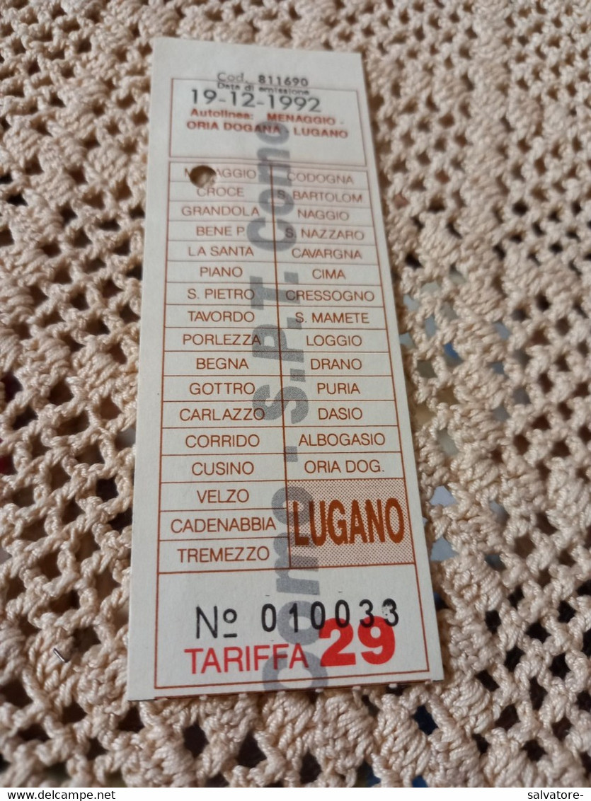 BIGLIETTO AUTOBUS AUTOLINEE MENAGGIO - ORIA DOGANA- LUGANO 1992 - Europa