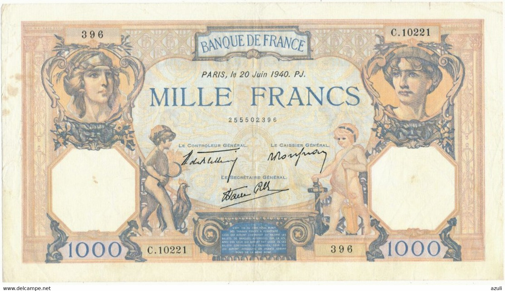Billet De 1000F  Cérès Et Mercure - 20 Juin 1940, C.10221/396 - 1 000 F 1927-1940 ''Cérès Et Mercure''