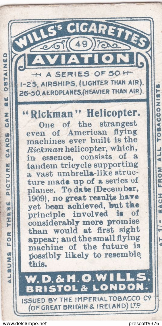 AVIATION 1910  -  49 Rickman Helicopter  - Wills Cigarette Card - Original  - Antique - Airship - Balloon - Monoplane - Wills