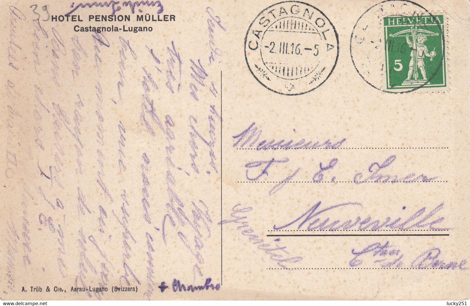 Suisse - Hôtel - Castagnola - Hôtel Pension Müller - Circulée 02/03/1916 - Litho - Agno