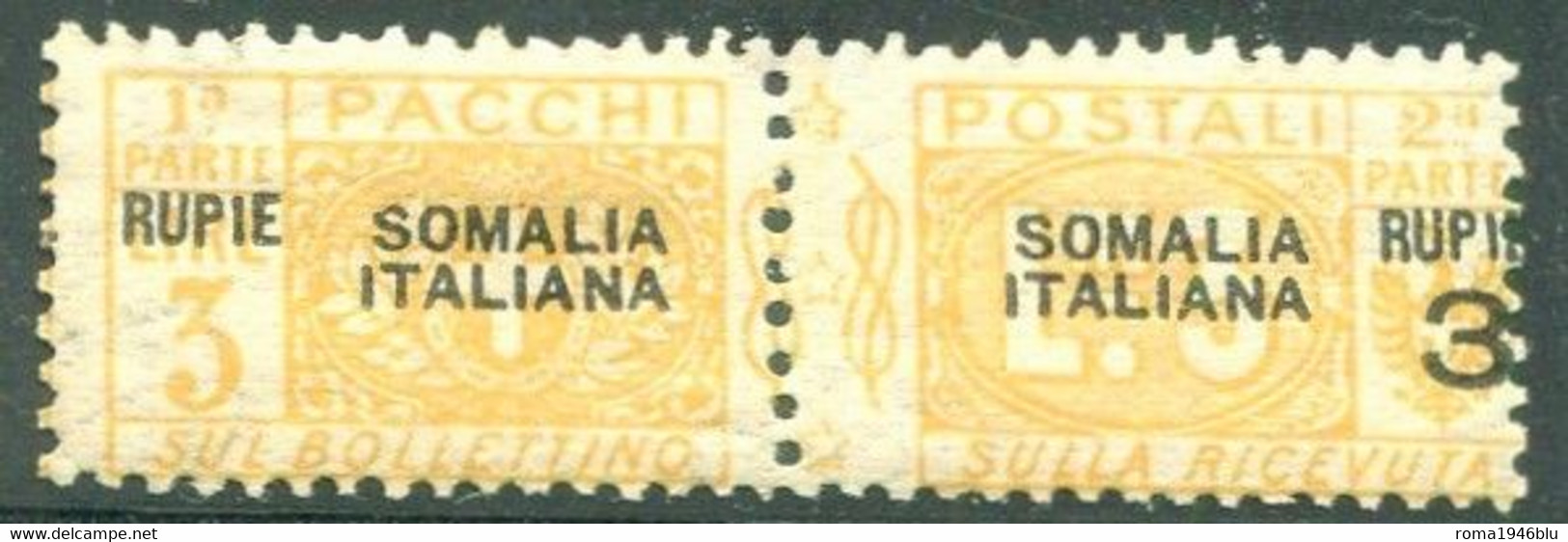 SOMALIA 1923 PACCHI POSTALI 3 R. SU 3 L. SASSONE N.28ca  ** MNH - Somalie