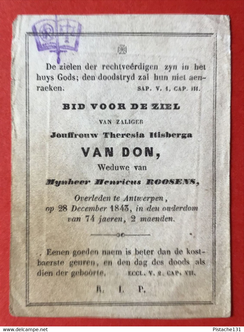 Anno 1843 - Doodsprentje Décés - GRAVURE - VAN DON ROOSENS Anvers - 9 Cm X 6.5 Cm - Devotieprenten