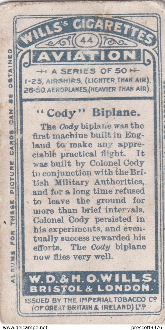 AVIATION 1910  - 44 Cody's Biplane - Wills Cigarette Card - Original  - Antique - Airship - Monoplane - Wills
