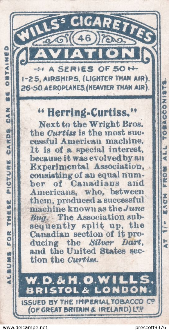 AVIATION 1910  - 46 Herring - Curtis Biplane  - Wills Cigarette Card - Original  - Antique - Airship - Monoplane - Wills