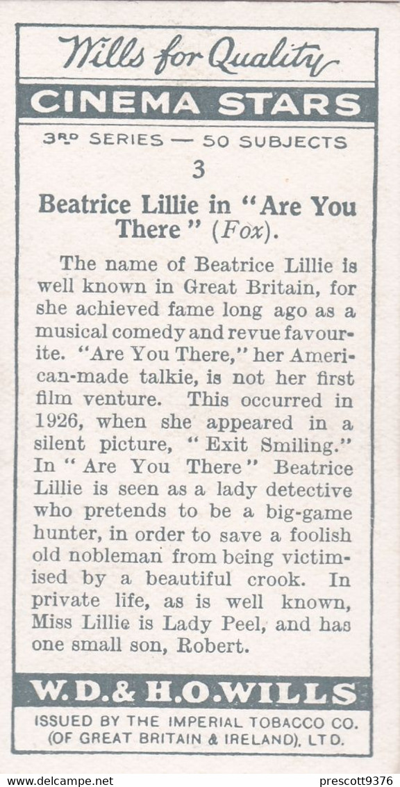 3 Beatrice Lillie - Cinema Stars 1931 - Wills Cigarette Card - Wills