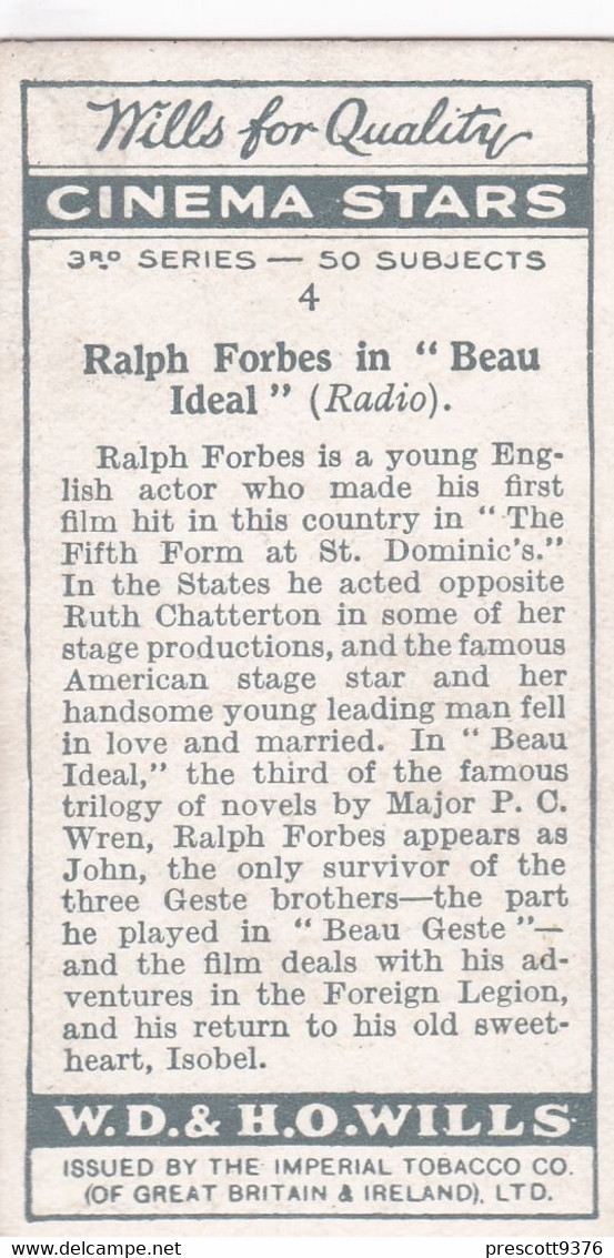 4 Ralph Forbes In Beau Ideal - Cinema Stars 1931 - Wills Cigarette Card - Wills