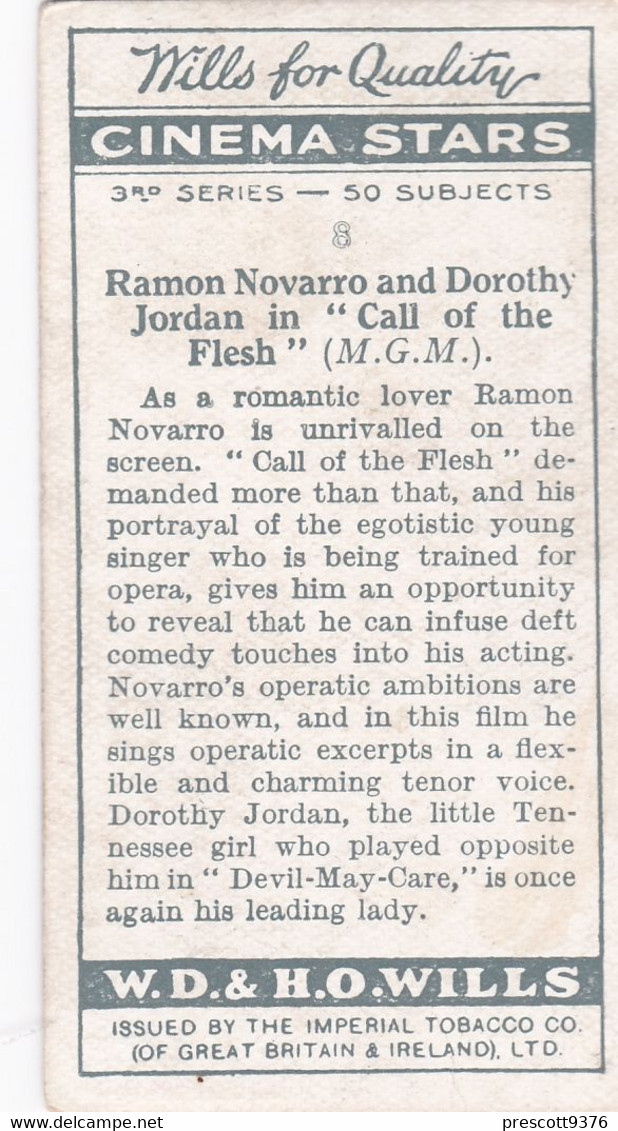 8 Ramon Navarro & Dorothy Jordan In "Call Of The Flesh"  - Cinema Stars 1931 - Wills Cigarette Card - Wills