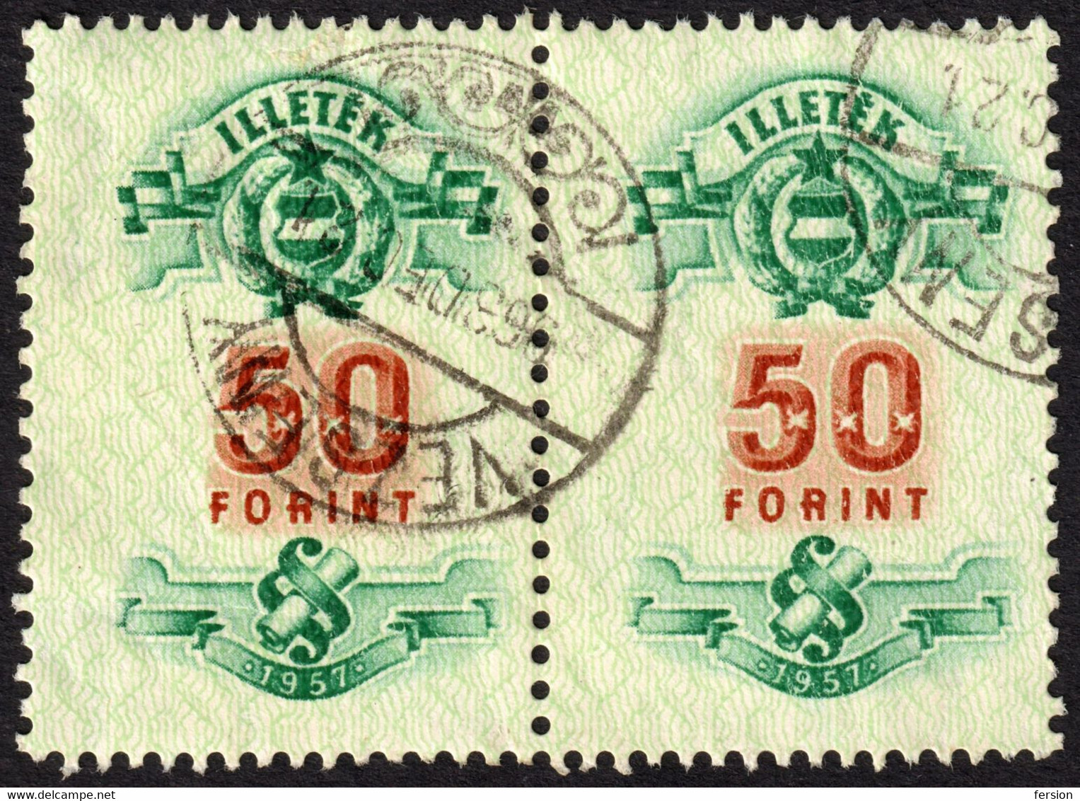 1957 Hungary Ungarn Hongrie - Tax Judaical Fiscal Revenue Stamp - 50 Ft - PAIR - Postmark Vezseny 1963 - Fiscaux