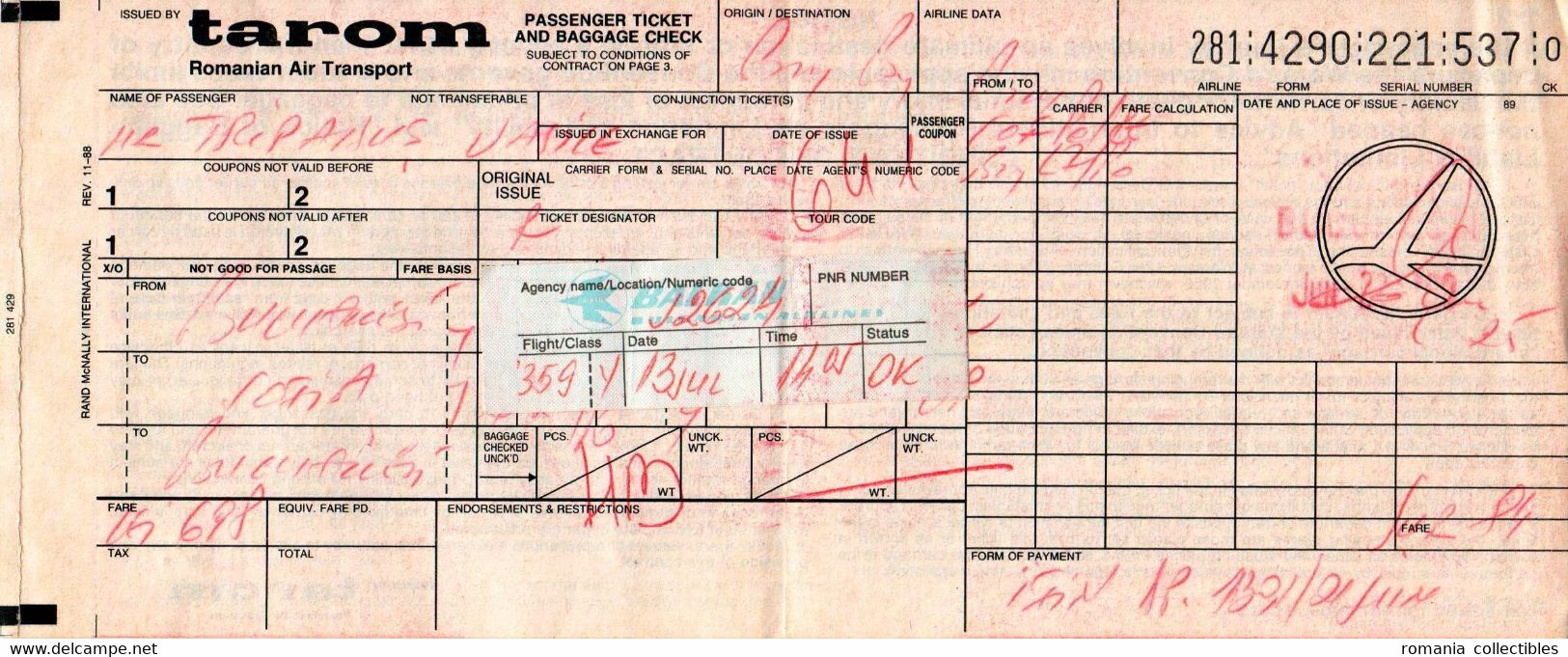 Romania, 1980's, Vintage Flight Ticket - Bucuresti / Sofia, TAROM Airlines - Historische Documenten