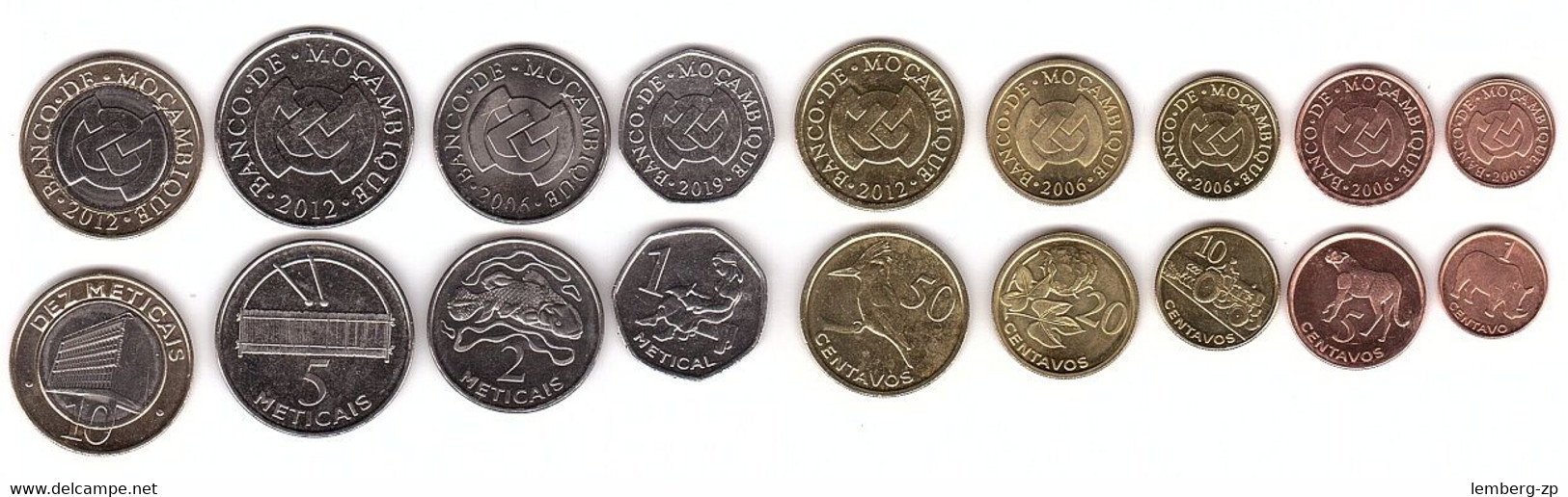 Mozambique - Set 9 Coins 1 5 10 20 50 C 1 2 5 10 Meticais 2006 - 2019 UNC Lemberg-Zp - Mozambique