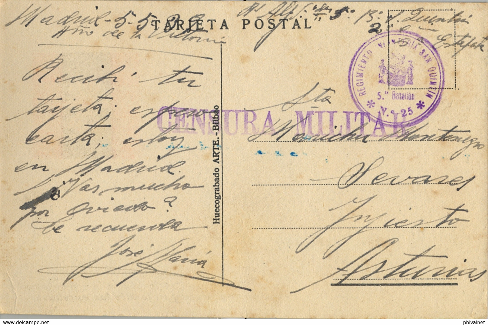 1938 , T.P. CIRCULADA , MADRID - SEVARES ( ASTURIAS ) , CENSURA MILITAR , FRANQUICIA REG. INFANTERIA SAN QUINTÍN , 5º BT - Storia Postale