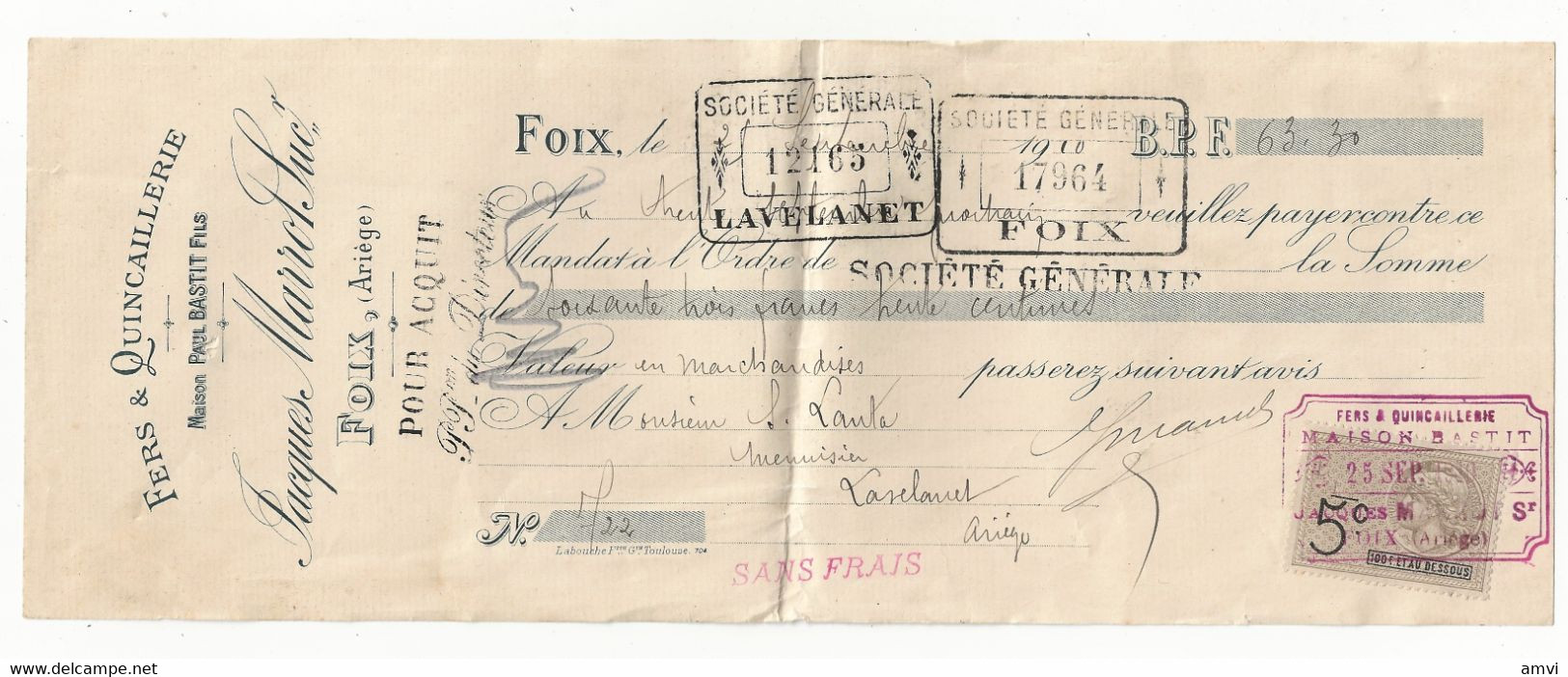 ( 4382)  1910 Lettre De Change Foix Jacques MARROT FERS ET QUINCAILLERIE - Bills Of Exchange