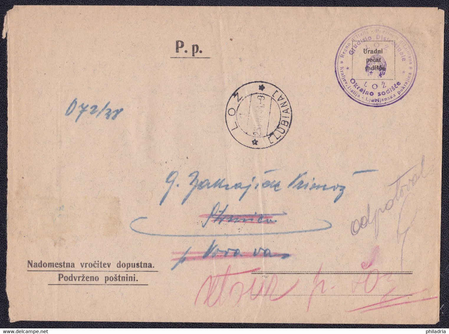 Lubiana, 1941, Court Summons Cover, Lož And Nova Vas Pri Rakeku Cancellations, Registration Label Missing - Ljubljana