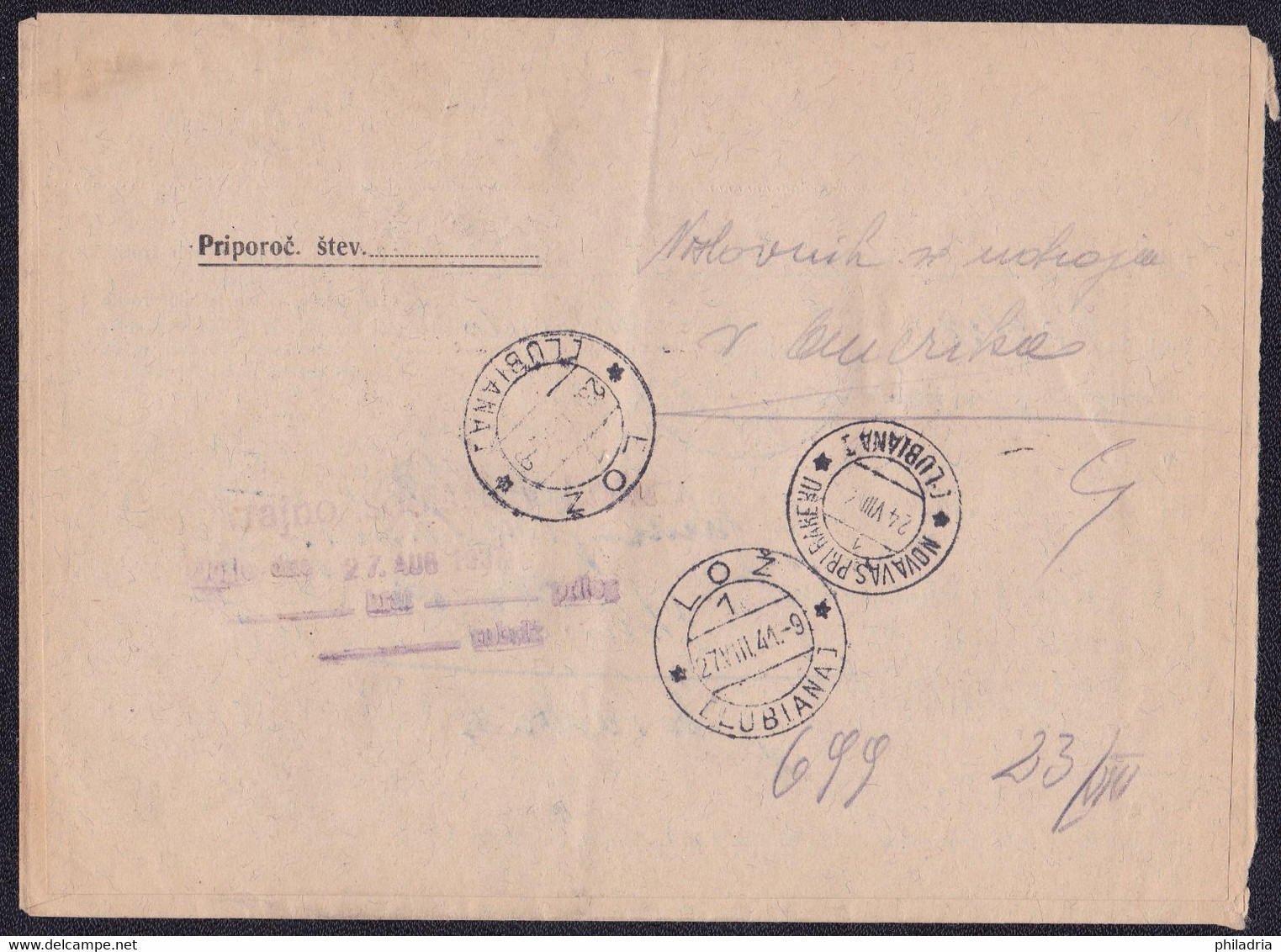 Lubiana, 1941, Court Summons Cover, Lož And Nova Vas Pri Rakeku Cancellations, Registration Label Missing - Lubiana