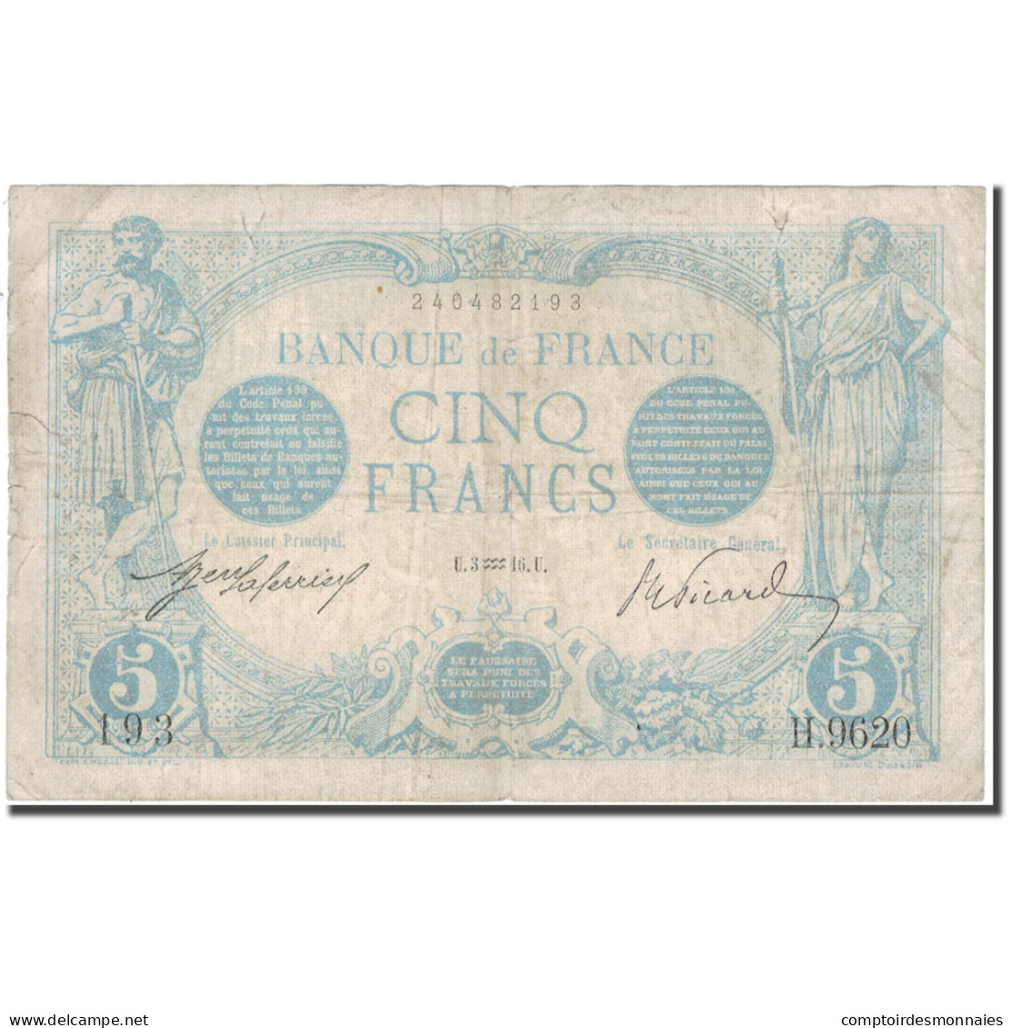 France, 5 Francs, Bleu, 1916, 1916-01-03, B+, Fayette:2.35, KM:70 - 5 F 1912-1917 ''Bleu''