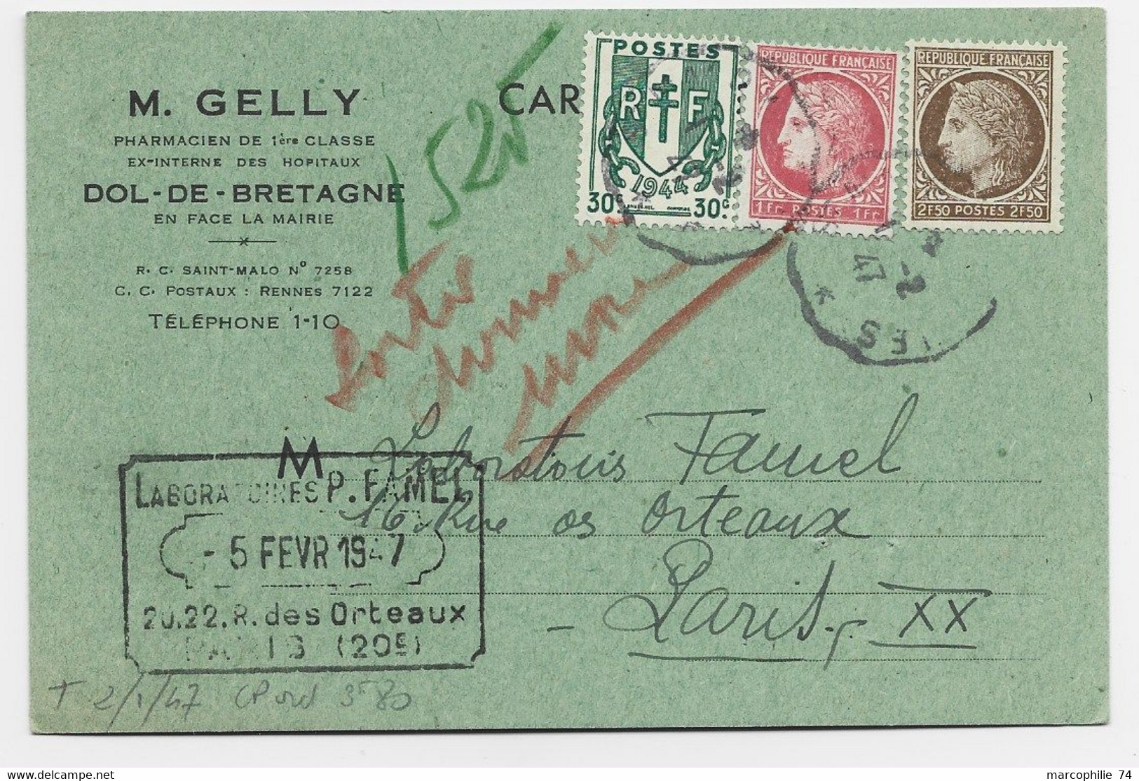 MAZELIN 2FR50+1FR+ 30C CHANE CARTE PRIVEE DOL DE BRETAGNE 1.2.1947 AU TARIF 3FR80 - 1945-47 Ceres (Mazelin)