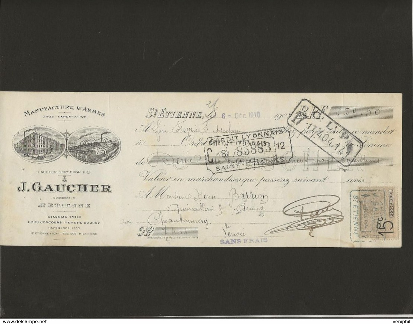 LETTRE DE CHANGE  - MANUFACTURE D'ARMES -J.GAUCHER -ST ETIENNE -ANNEE 1910 -CDE  H .BARRION- CHANTONNAY -VENDEE - Wechsel