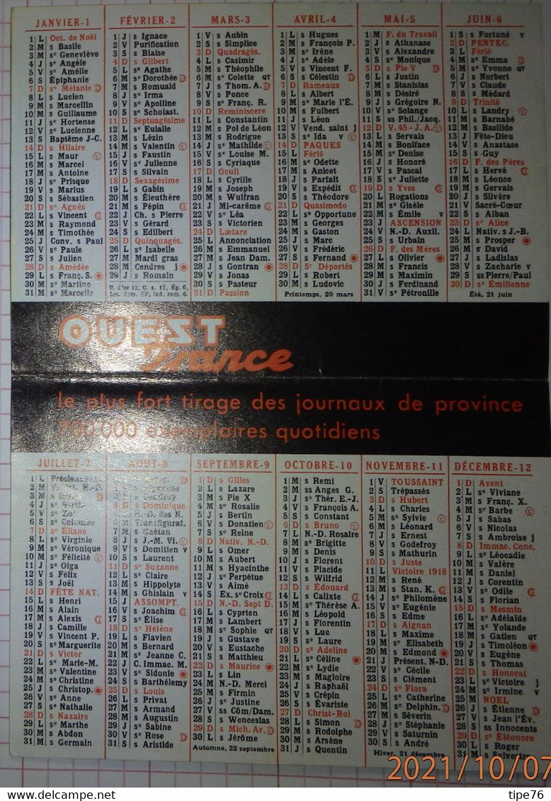 Petit Calendrier De Poche 1968 Journal Ouest France - Kleinformat : 1961-70