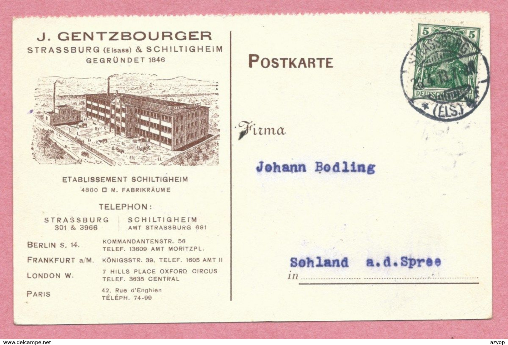 67 - SCHILTIGHEIM - STRASBOURG - Etablissement J. GENTZBOURGER - Dessin - Carte Publicitaire - Judaica - 3 Scans - Schiltigheim