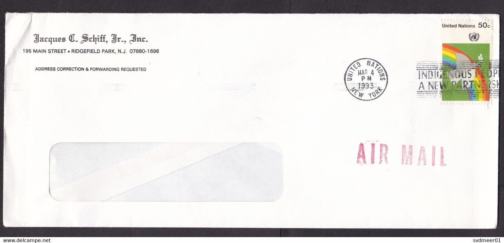 United Nations New York: Airmail Cover, 1993, 1 Stamp, Rainbow, Peace Pigeon, UN Logo (creases) - Brieven En Documenten