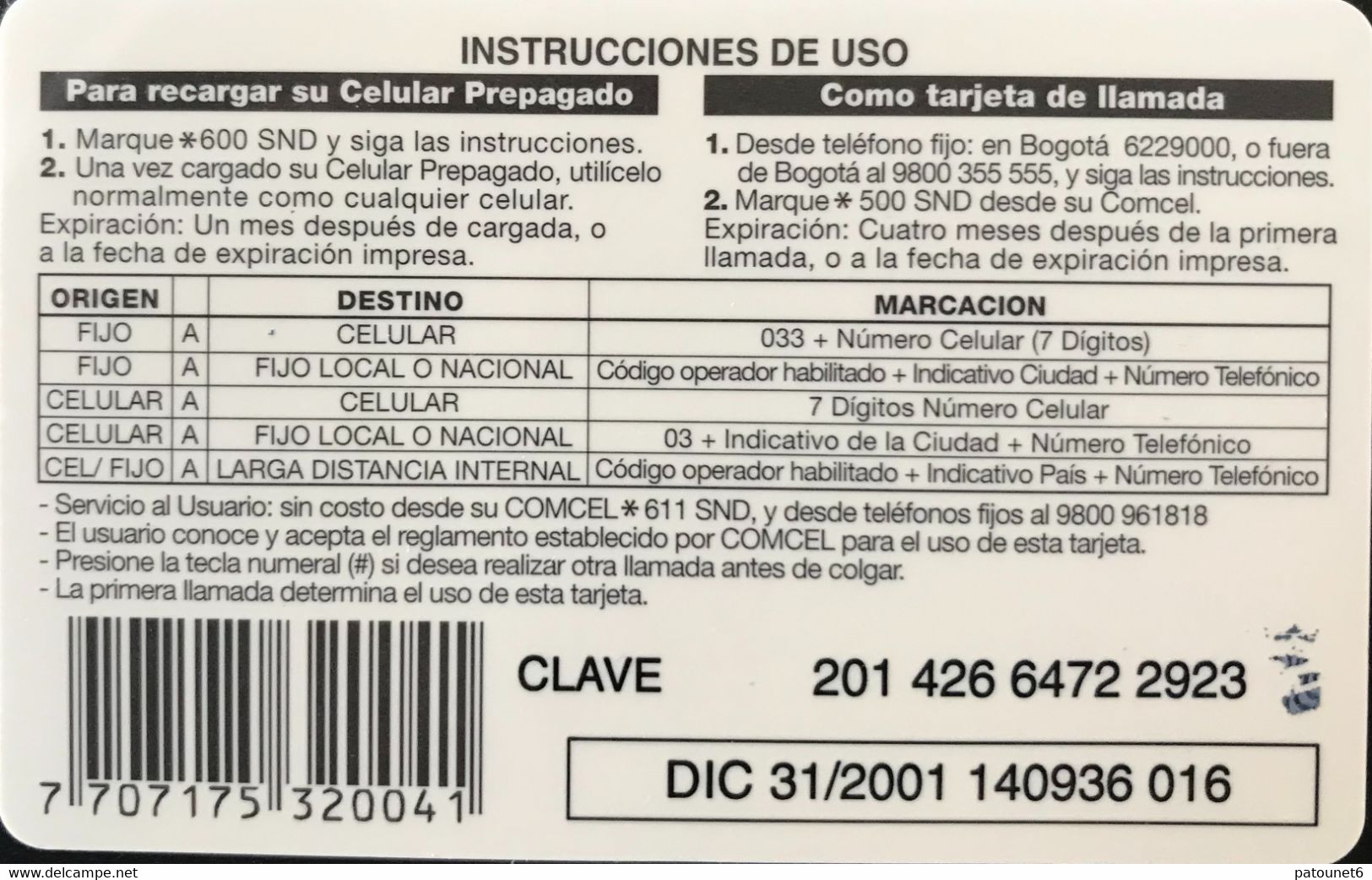 COLOMBIE  -  PREPAID  -  COMCEL  Amogo  -  $ 10.000 - Colombie