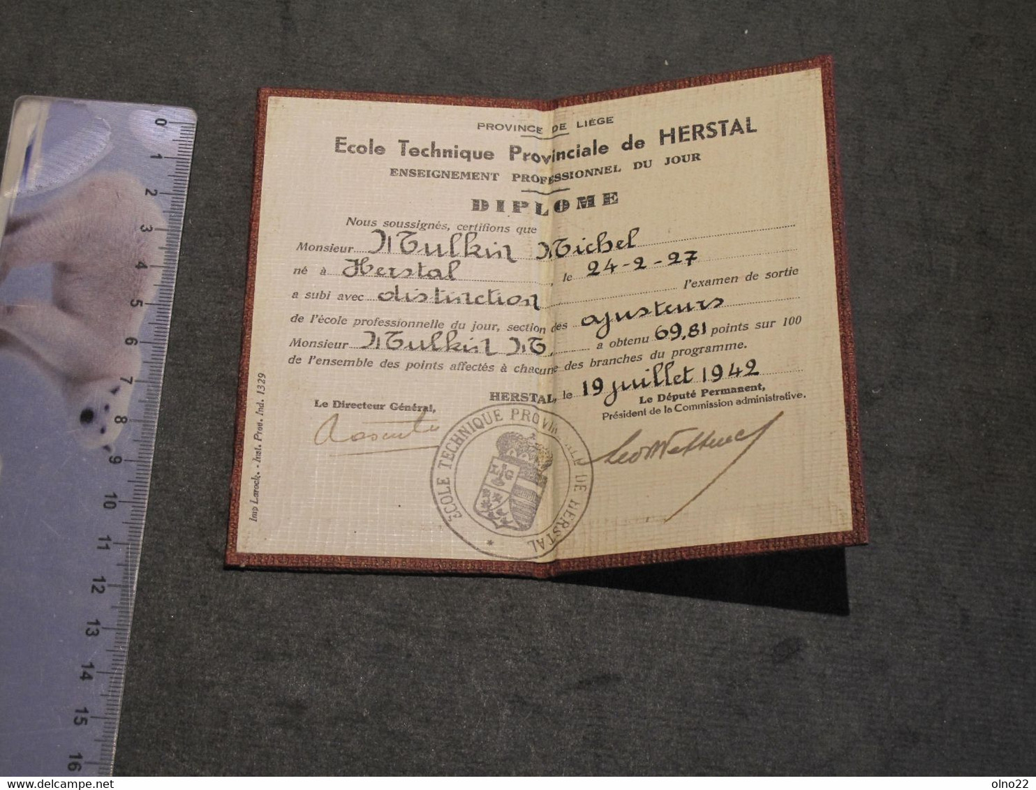 HERSTAL-ECOLE TECHNIQUE- DIPLOME D'AJUSTEUR AU NOM DE MULKIN MICHEL NE 24/2/27 - DEL LE 19/7/42 - Diplômes & Bulletins Scolaires