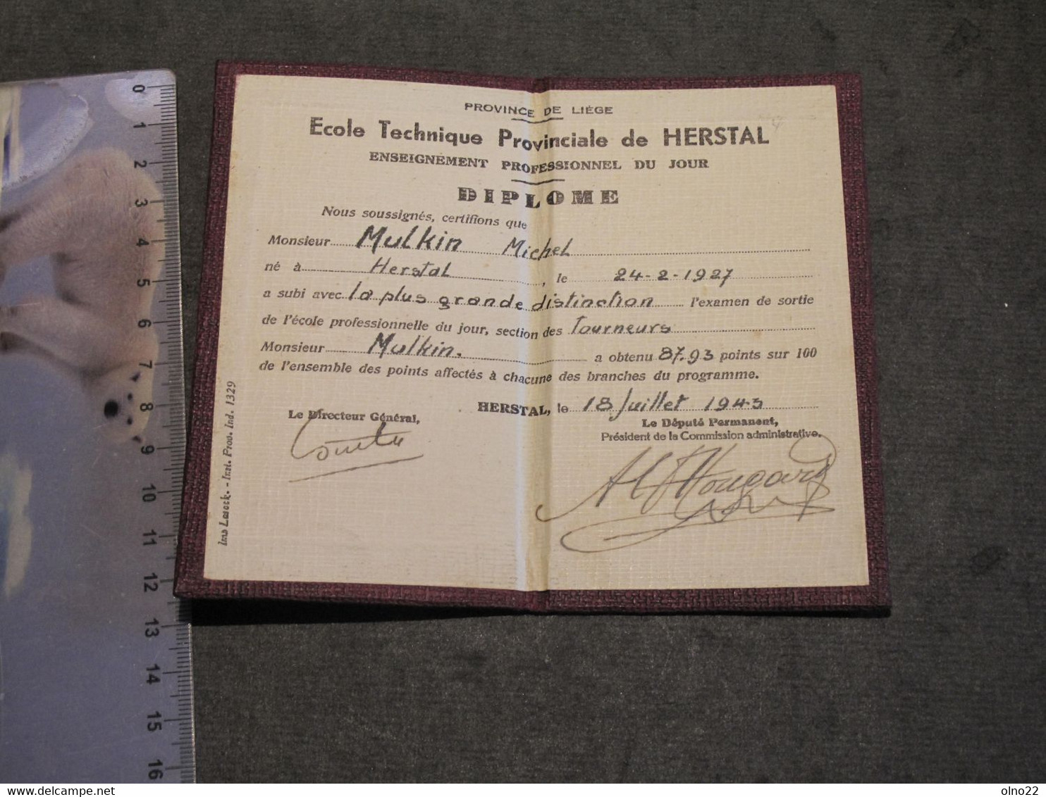 HERSTAL-ECOLE TECHNIQUE- DIPLOME DE TOURNEUR AU NOM DE MULKIN MICHEL NE 24/2/27 - DEL LE 18/7/43 - Diplômes & Bulletins Scolaires