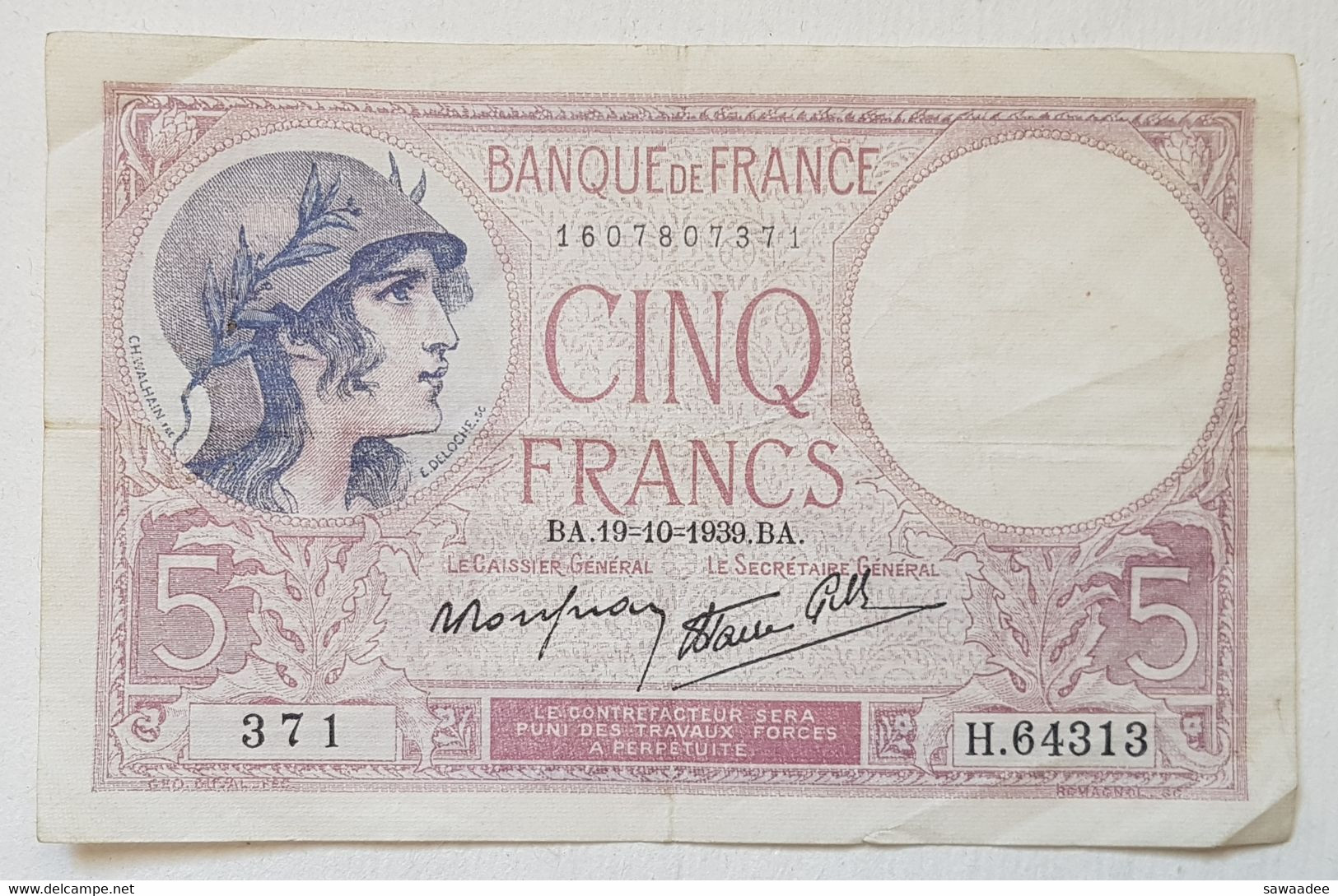 BILLET FRANCE - P.83 - 5 FRANCS VIOLET- 19/10/1939 - MARIN PECHEUR - FEMME CASQUEE - 5 F 1917-1940 ''Violet''