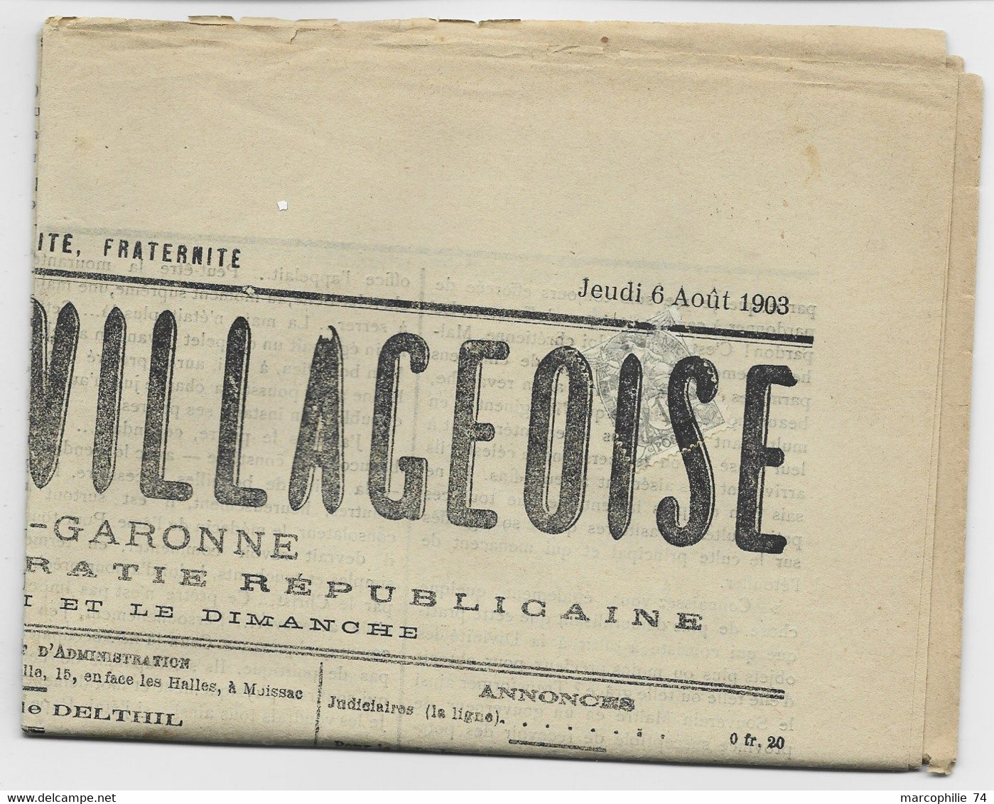 BLANC 1C N° 107 SEUL OBL TYPO JOURNAL COMPLET LA FEUILLE VILLAGEOISE JEUDI 6 AOUT 1903 - 1900-29 Blanc