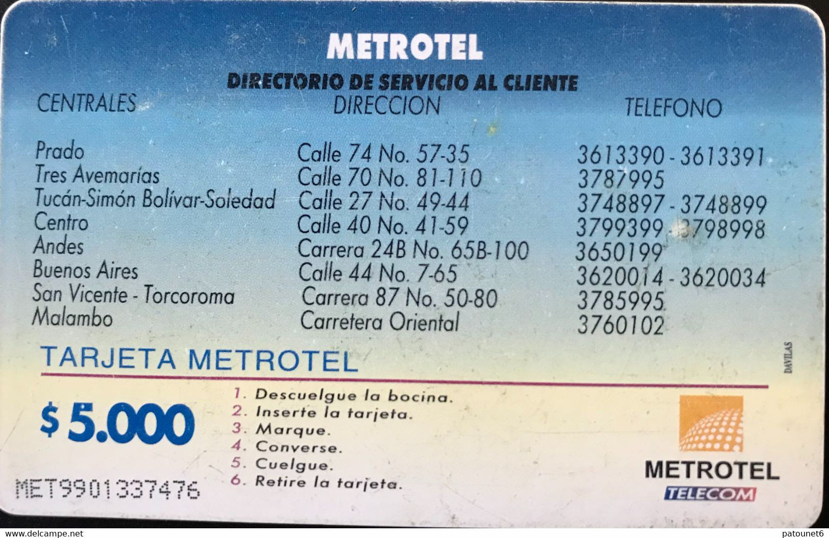 COLOMBIE  -  Chipcard  -  Metrotel  -  Sede Principal  -  $ 5.000 - Colombie