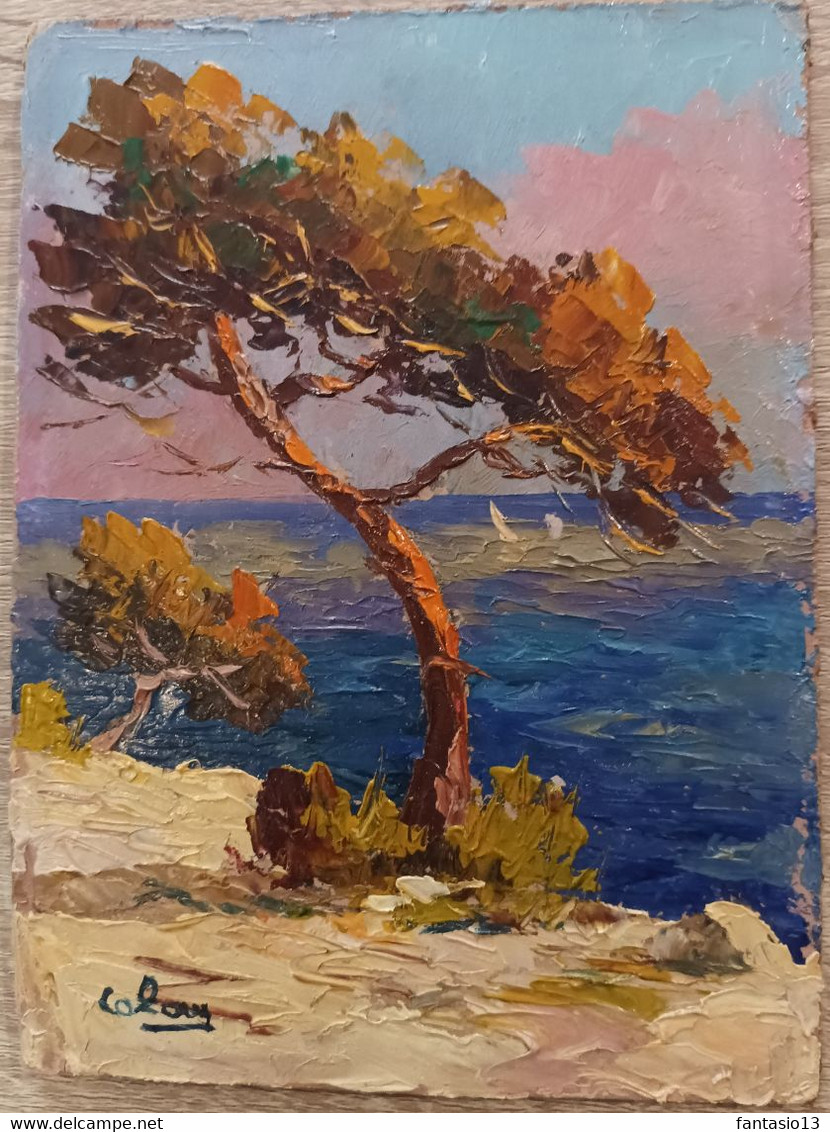 Petit Tableau Ancien  / Huile Sur Carton .Paysage Méditerranée - Olieverf