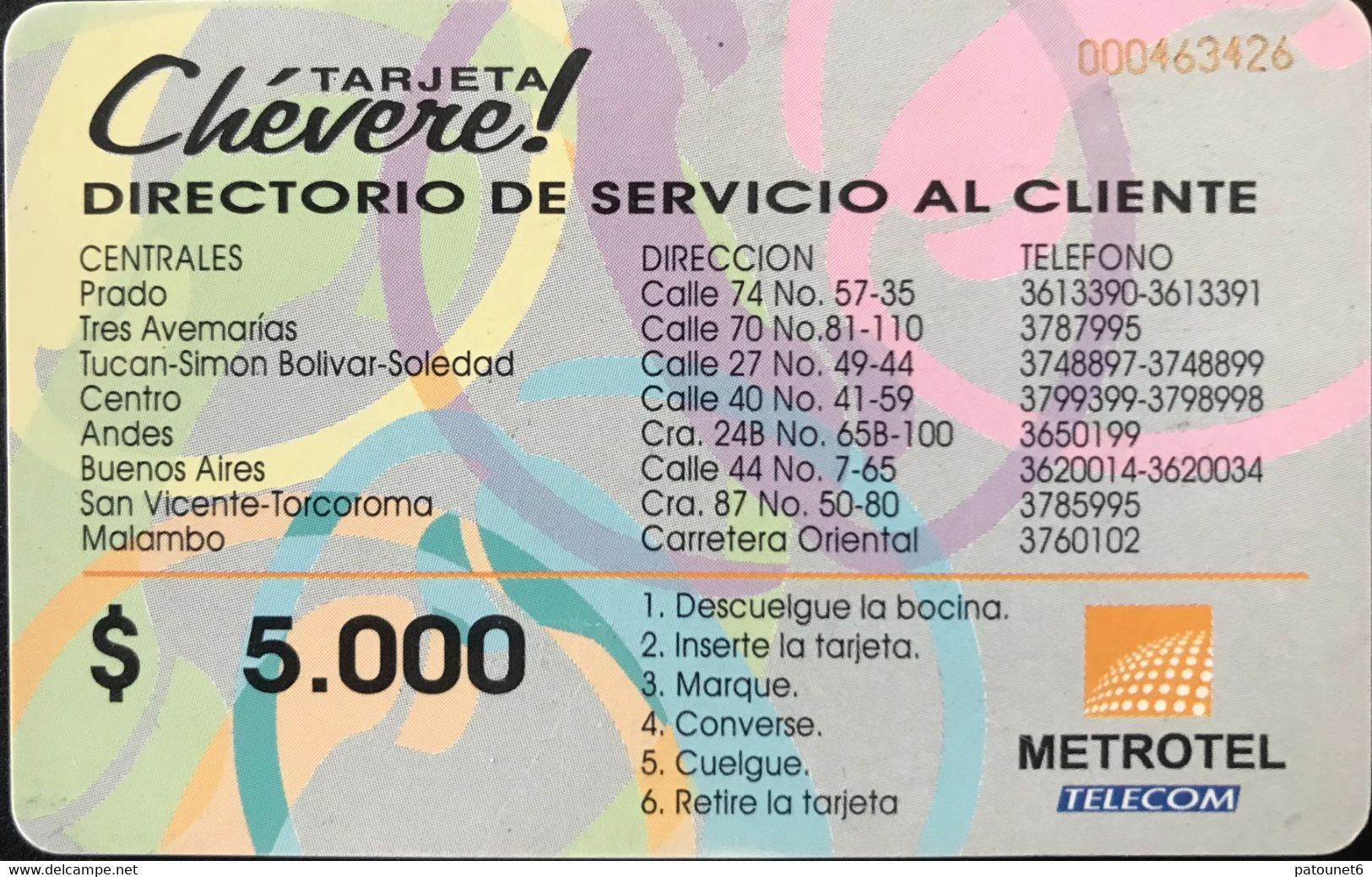 COLOMBIE  -  Chipcard  -  Chévere  -  Metrotel  -  $ 5.000 - Colombie