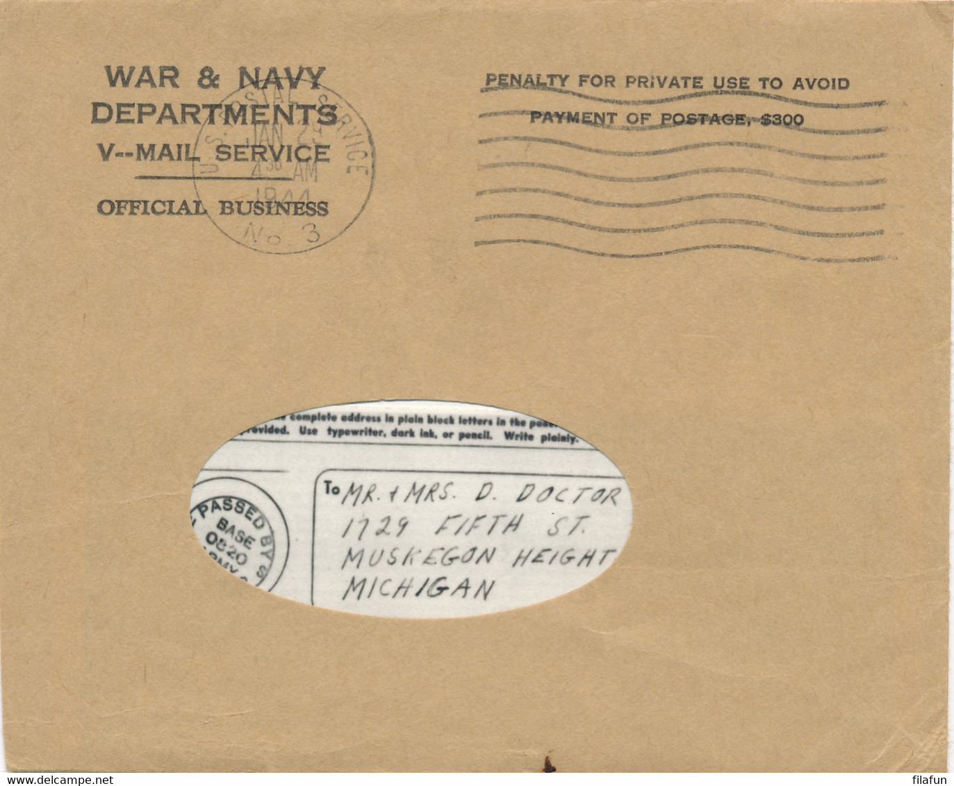 USA - 1944 - Complete V-mail APO610 To Michigan - Covers & Documents