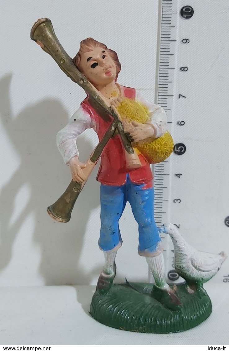 11544 Pastorello Presepe - Statuina In Plastica - Musicante Con Zampogna E Oca - Christmas Cribs