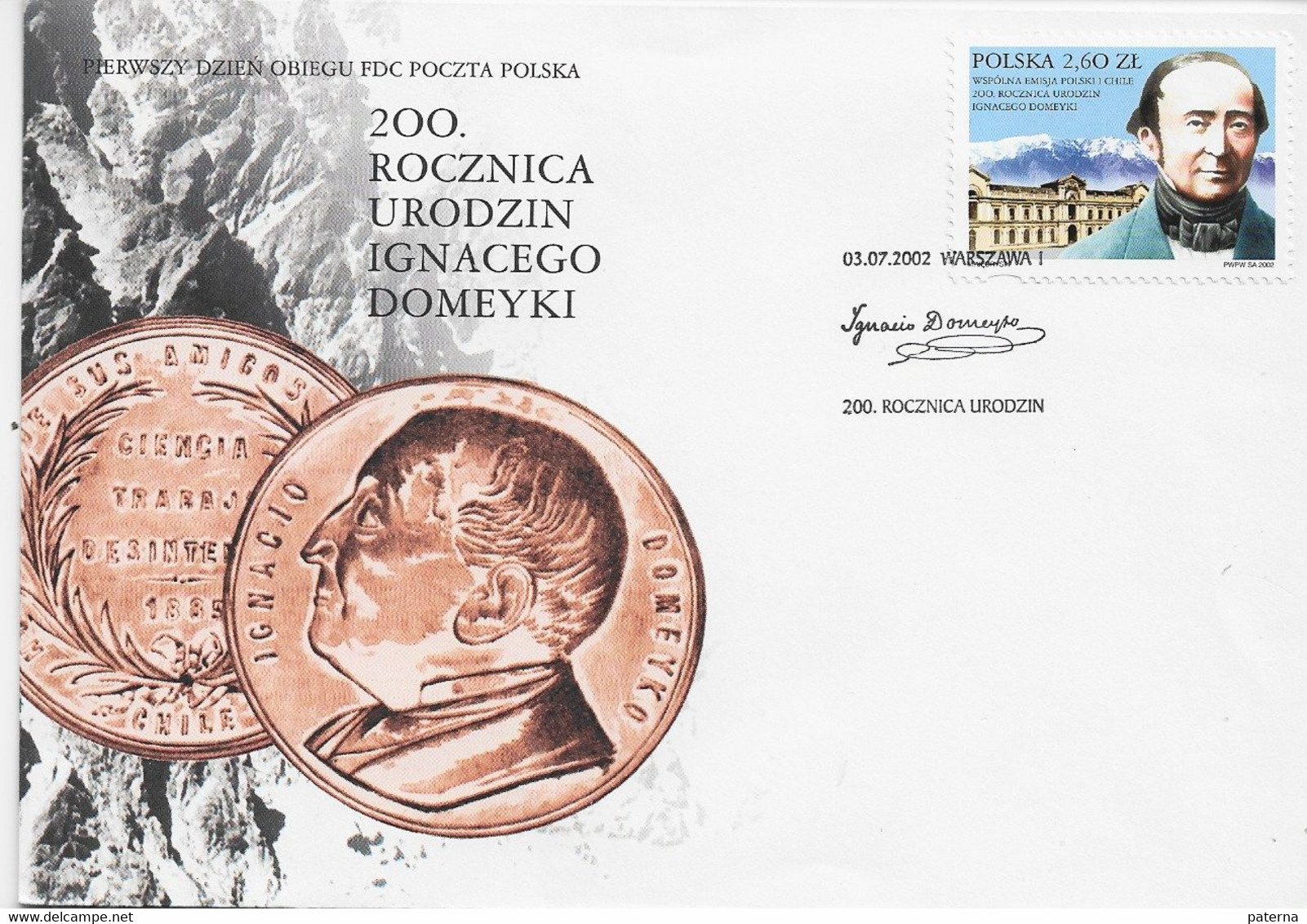 3637  Carta  200 Rocznica Urodzin Ignacego Domeyki, 2002 Warszawa , Cientifico - Storia Postale