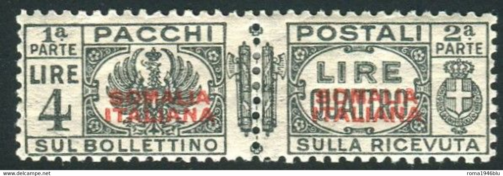 SOMALIA 1930 PACCHI POSTALI 4 L. SASSONE N. 67  * GOMMA ORIGINALE CENTRATO - Somalia