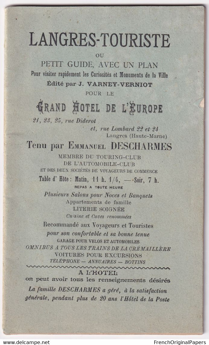 Langres Touriste - Rare Livret Guide Publicité Hôtel De L'Europe Descharmes - Imp. Varney Verniot Histoire Plan C5-23 - Publicidad