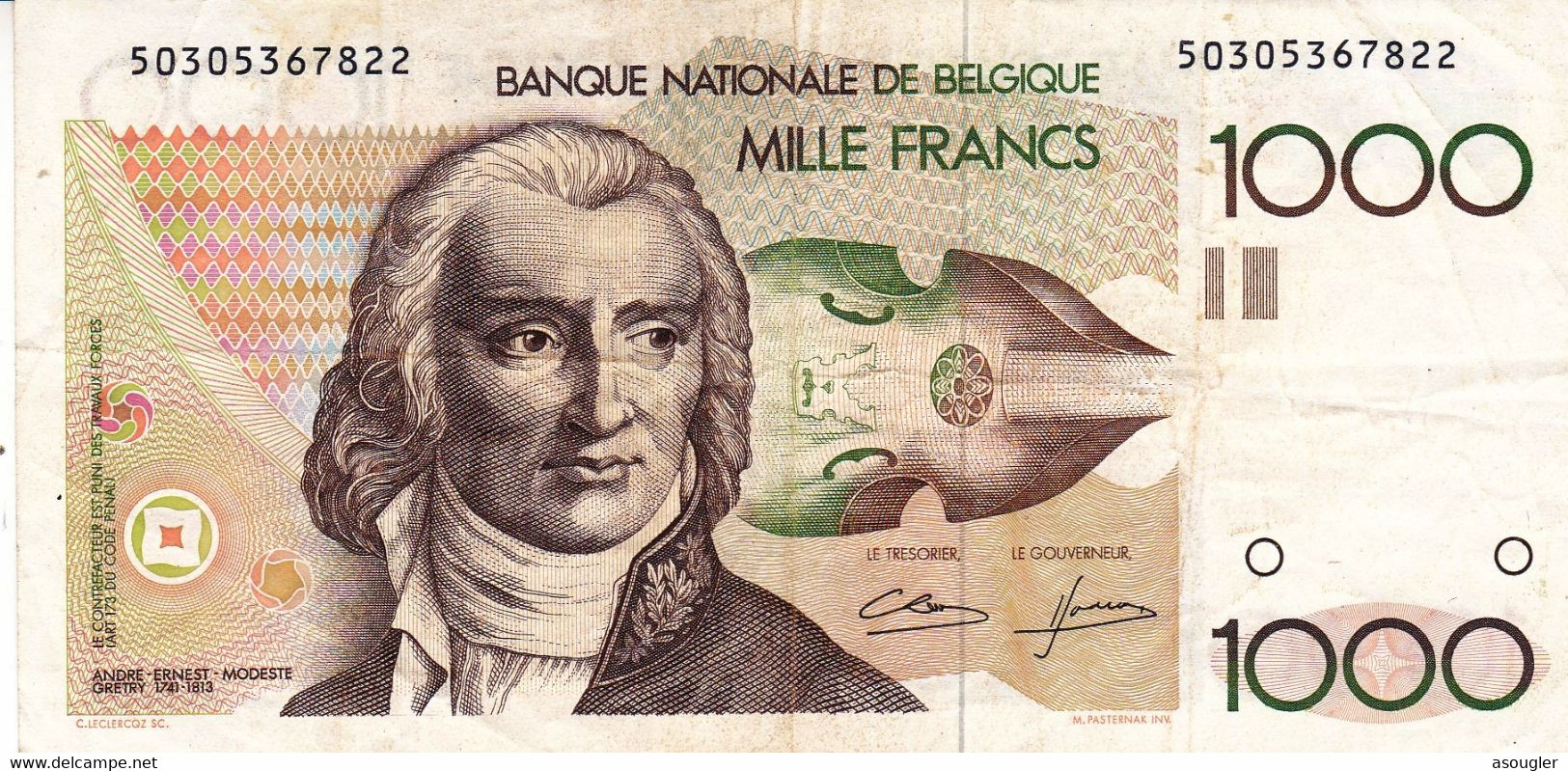 BELGIUM 1000 FRANCS ND 1980-1996 VF P-144a "free Shipping Via Registered Air Mail" - 1000 Franchi