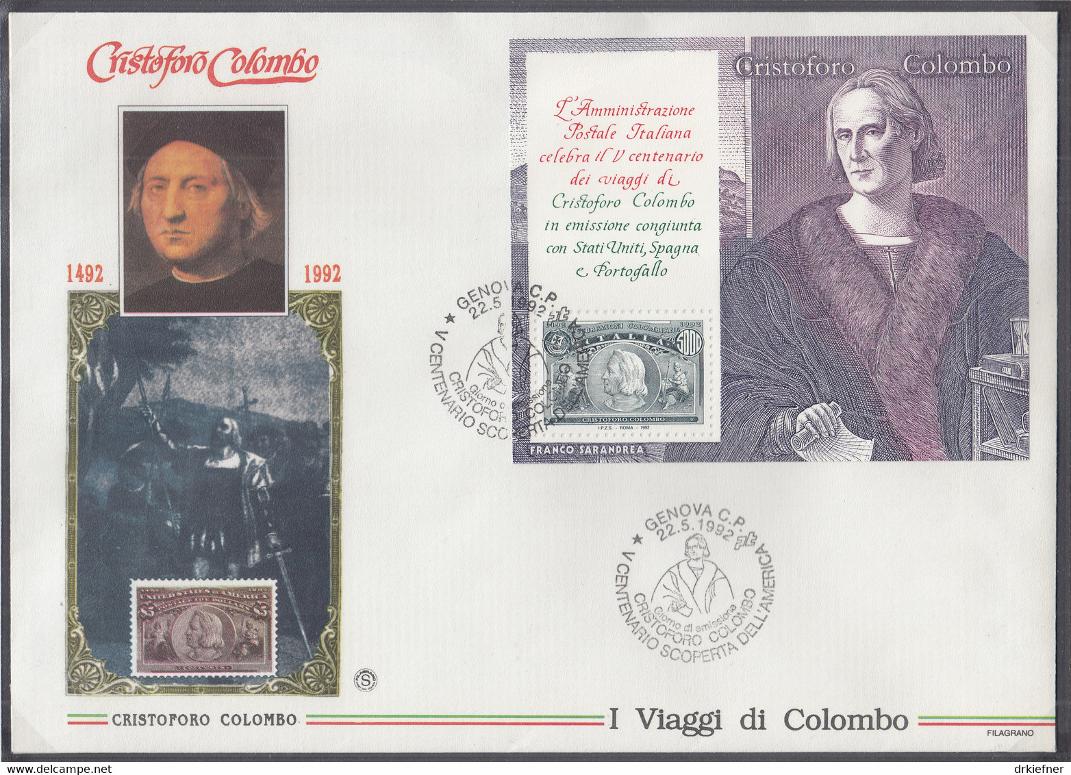 ITALIEN  Block 9-14, 6 FDC, 500 Jahre Entdeckung Amerikas, 1992 - Blocchi & Foglietti