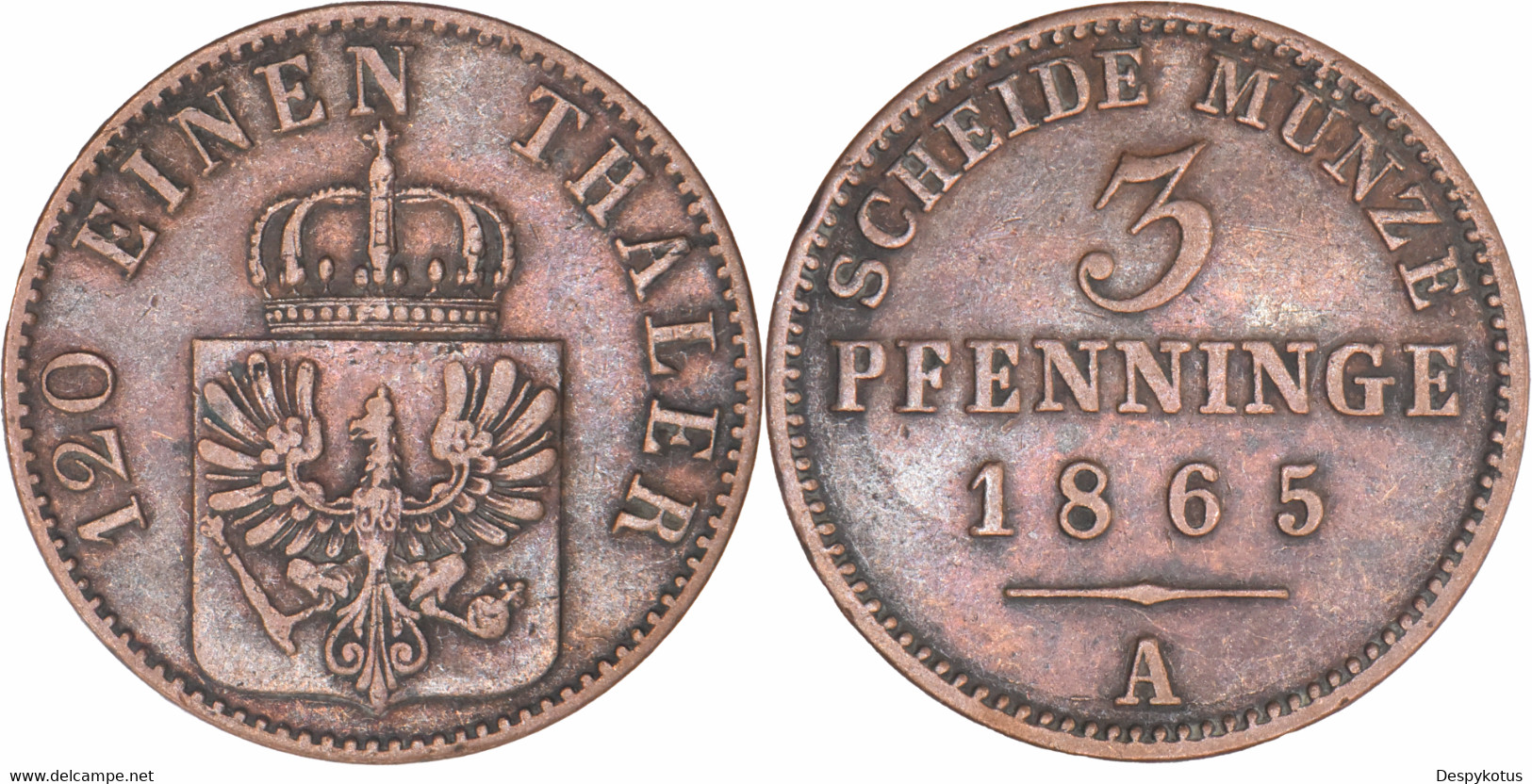 Allemagne - Royaume De Prusse - 1865 - 3 Pfenninge - Berlin (A) - Wilhelm 1 - H049 - Taler & Doppeltaler