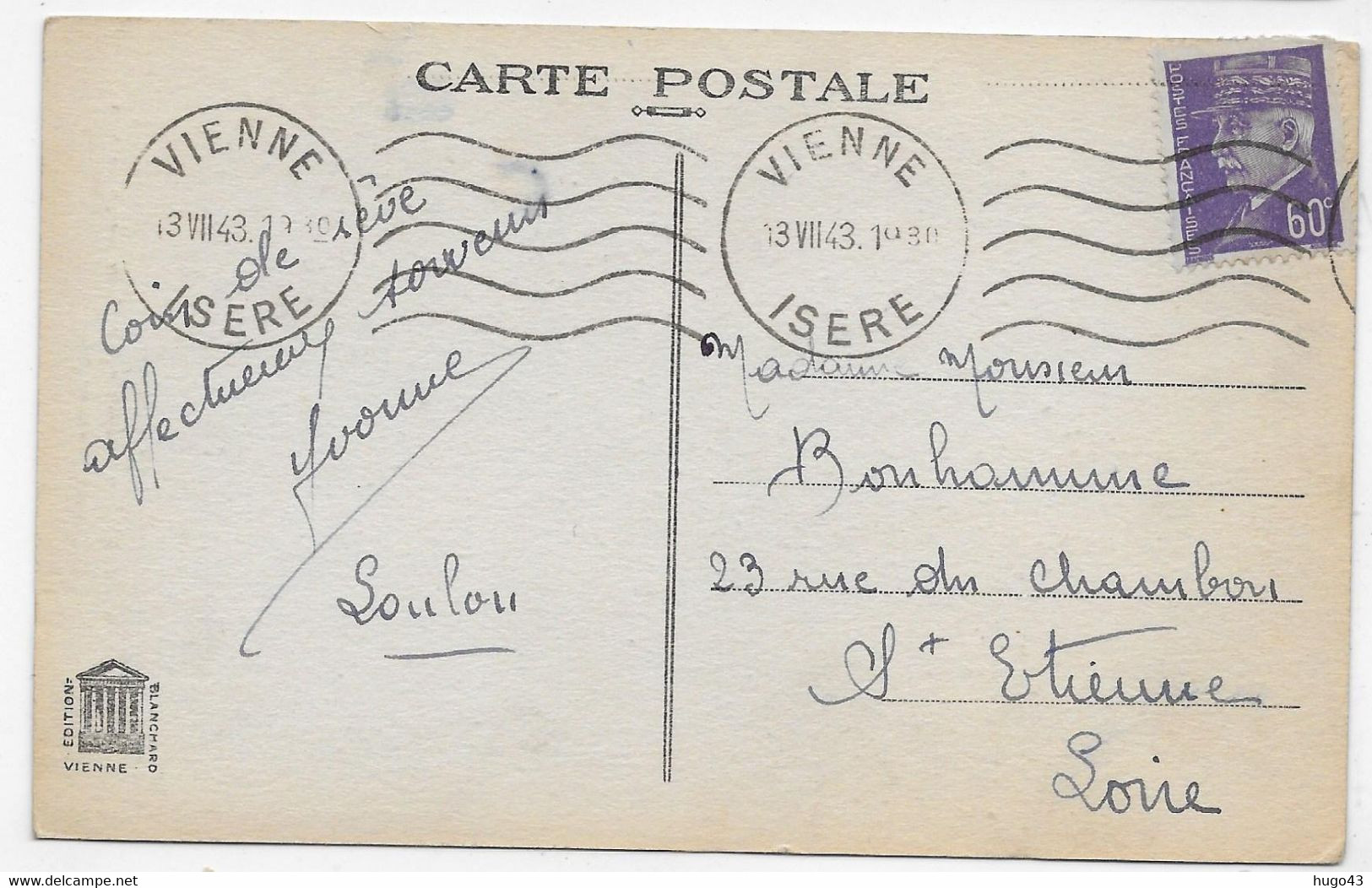 (RECTO / VERSO) VIENNE EN 1943 - N° 1555 - L' ESPOIR VAINCU DE JOSEPH BERNARD AU JARDIN DE VILLE - FORMAT CPA - Vienne