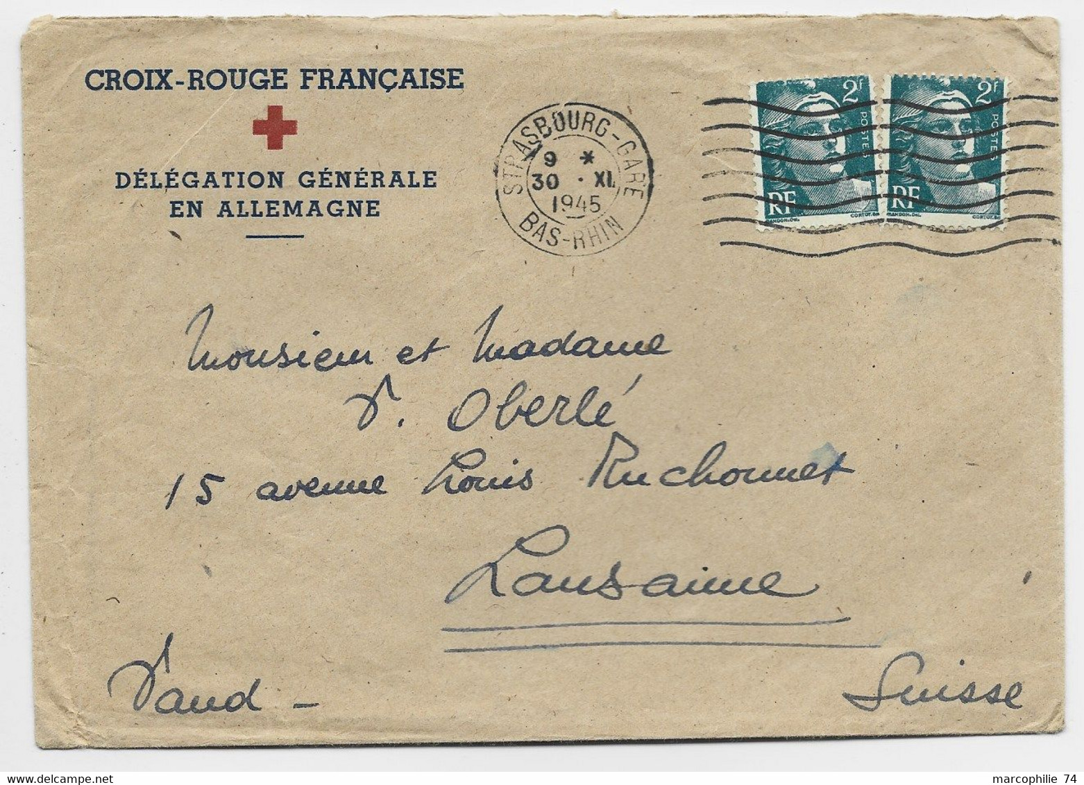 GANDON 2FRX2 LETTRE CROIX ROUGE DELEGATION EN ALLEMAGNE MECANIQUE STRASBOURG GARE 30.XI.1945 BAS RHIN POUR SUISSE - Red Cross