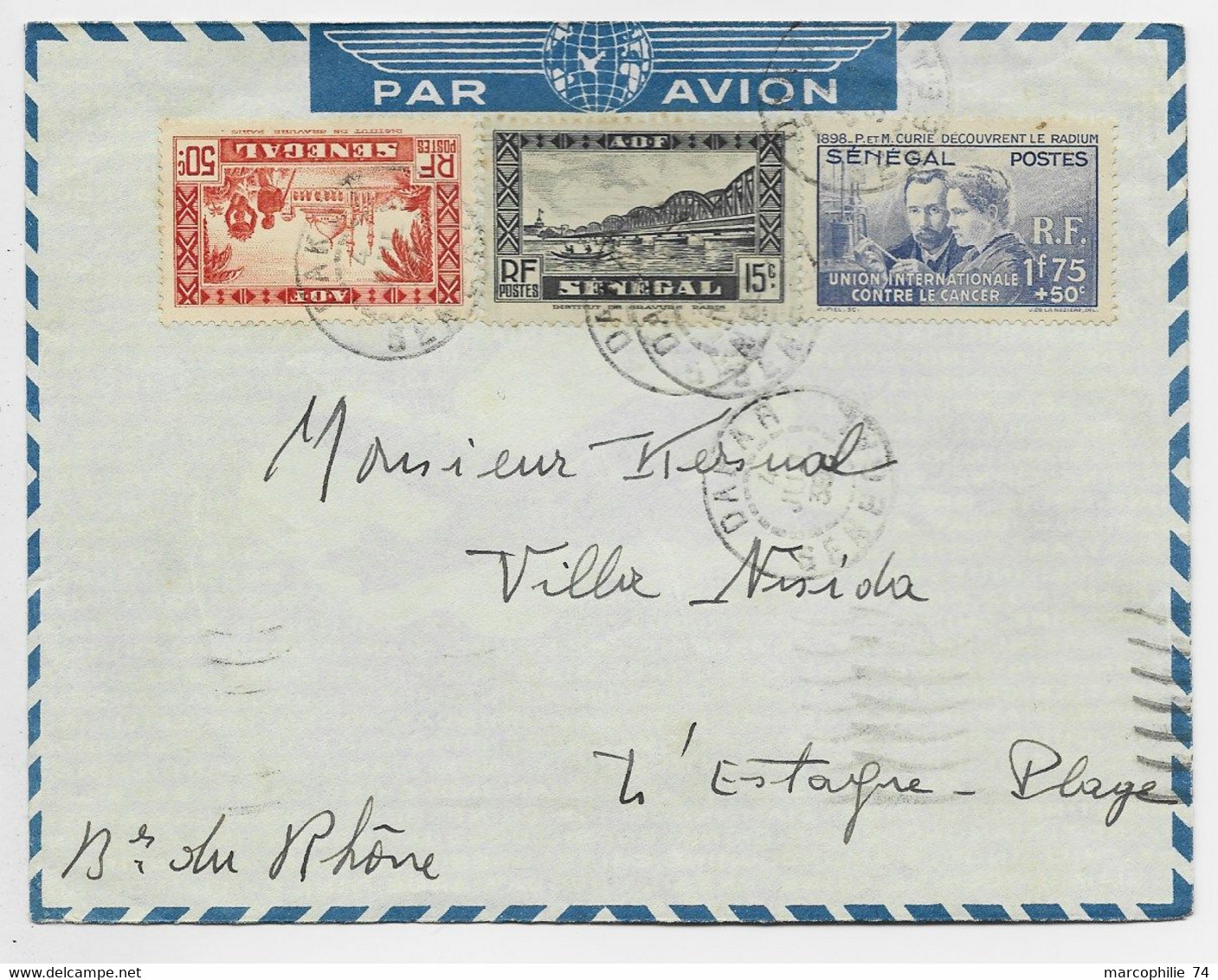 SENEGAL SURTAXE 1FR75 PIERRE ET MARIE CURIE +15C+50C LETTRE AVION DAKAR 1939 POUR LA FRANCE - Lettres & Documents
