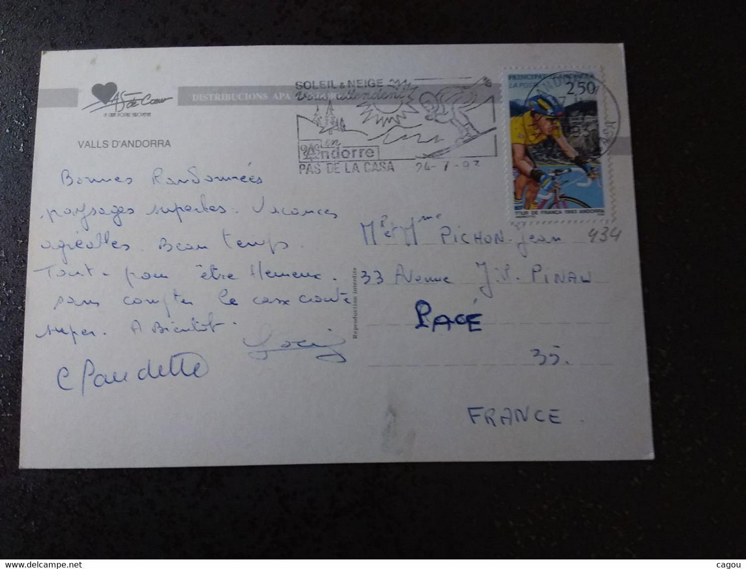 ANDORRE N° 434 TOUR DE FRANCE SUR CARTE POSTALE - Brieven En Documenten