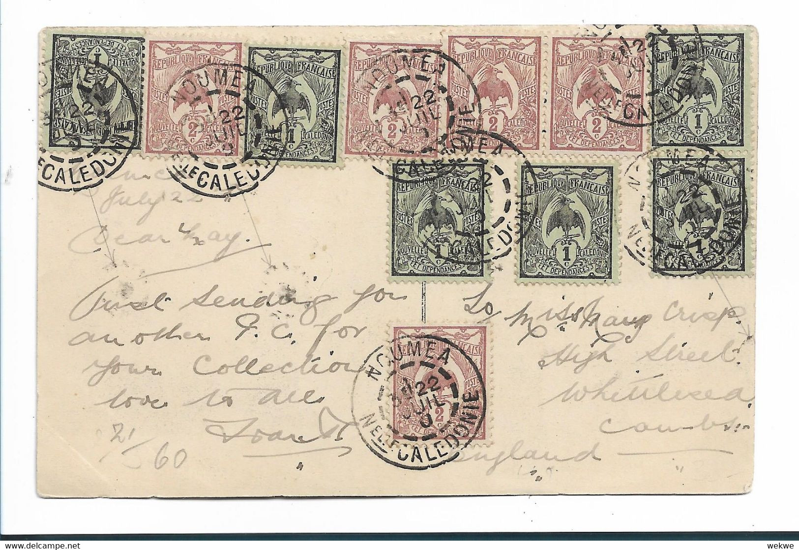FDO018 / Neukaledonien - 1909 Auf Ansichtskarte Mit Kagu-Vogekmarken (11) - Cartas & Documentos