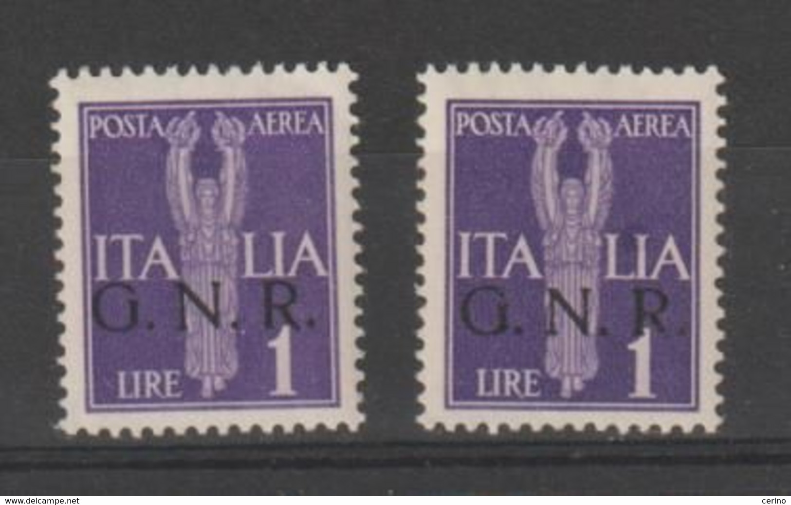 R.S.I.:  1944  P.A. SOPRASTAMPATI  G.N.R. -  £. 1  VIOLETTO  N. -  RIPETUTO  2  VOLTE  -  SASS. 121 - Airmail