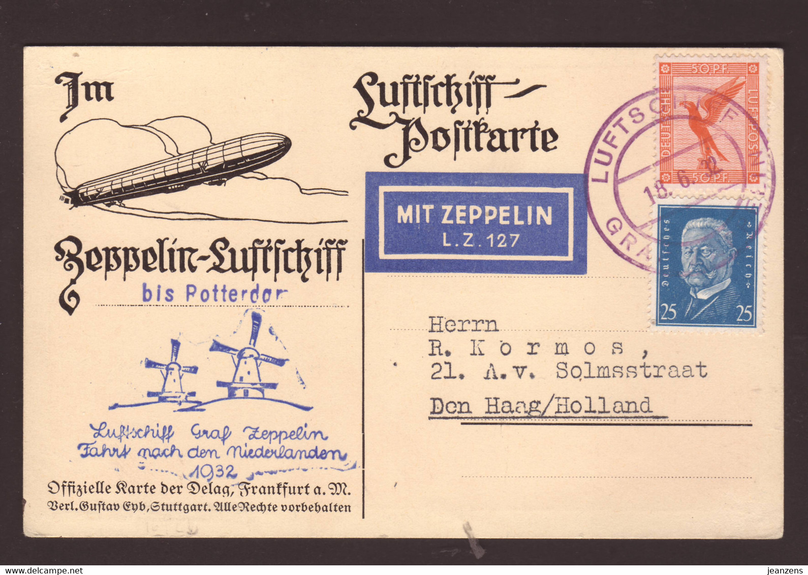 Carte à Vue "Oevelgönne Bei Altona" Zepplin Fahrt Niederlanden LZ 127 Aff 75 Rpf ʘ Luftschiff Graf Zeppelin 18.06.1932 - Covers & Documents