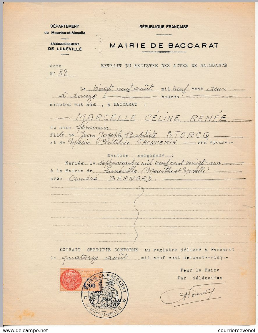 FRANCE - Extrait Registre Actes De Naissance - Mairie De Baccarat (M Et M) - Fiscal 1,00 Taxes Communales - Otros & Sin Clasificación