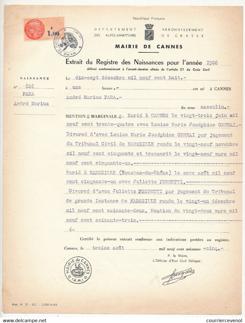 FRANCE - Extrait Registre Des Naissances - Mairie De Cannes (A.M) - Fiscal 1,00 Taxes Communales - 1965 - Other & Unclassified