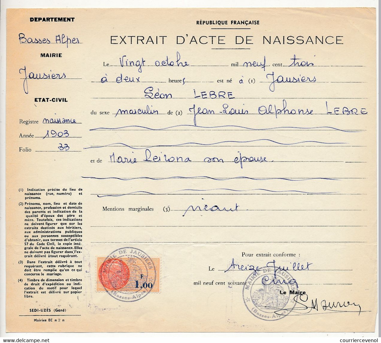 FRANCE - Extrait D'Acte De Naissance - Mairie De Jausiers (Basses Alpes) - Fiscal 1,00 Taxes Communales - 1965 - Other & Unclassified